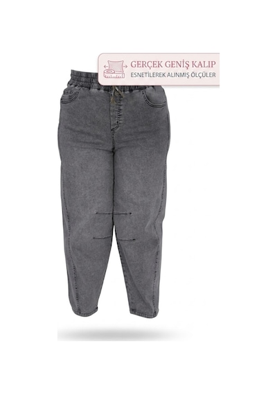 Büyük Beden Beli Lastikli Cepli Likralı Denim Mom Kesim Kadın Pantolon Siyah