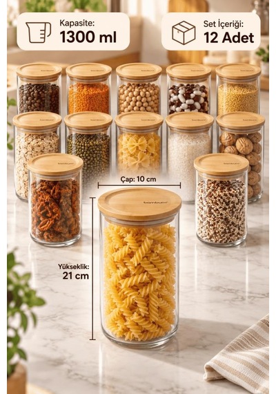 Bambum Duo 12'li Bambu Kapaklı Cam Erzak Kavanozu Seti 1300 Ml - Vakumlu Kiler Bakliyat Ve Baharat Saklama Kabı Ahşap - Şeffaf