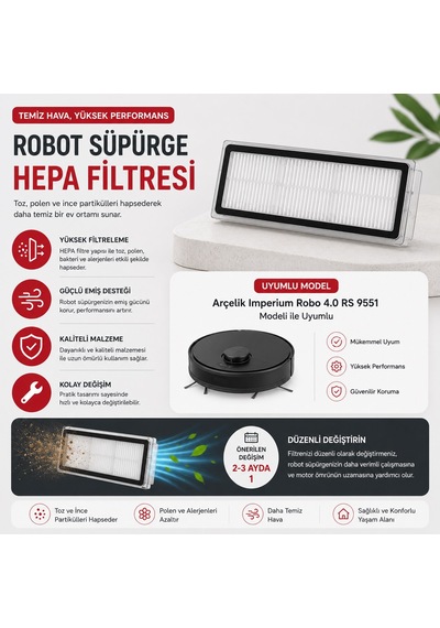 Arçelik Imperium Robo 4.0 Rs 9551 Modeli İle Uyumlu Robot Süpürge Hepa Filtresi