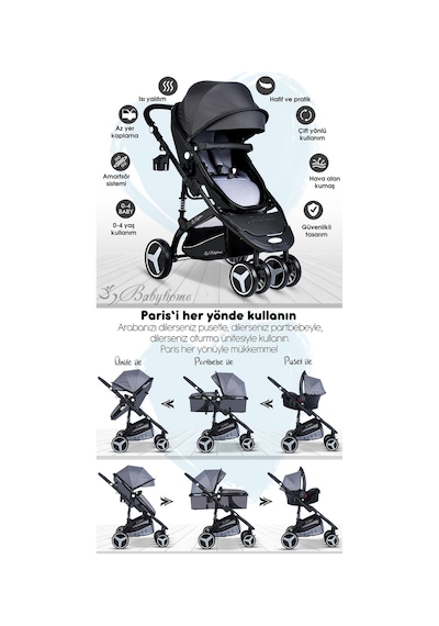Baby Home 945 Ayrılıp Birleşebilen Travel Sistem İkiz Bebek Arabası