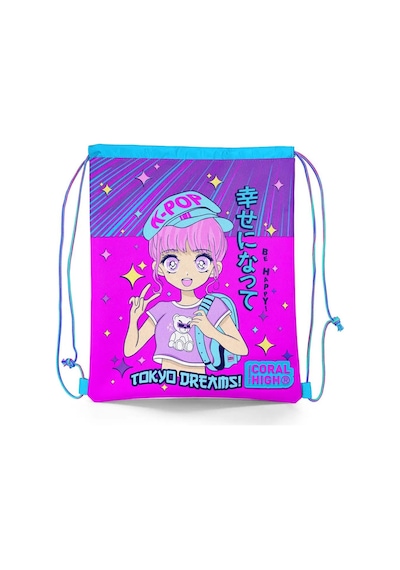 Coral High Kids Mor Pembe Mavi K-pop Desenli İpli Büzgülü Sırt Çantası 22477 Pembe