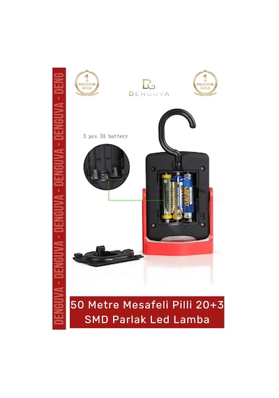 Ledlamba 20 Smd Beyaz Işık 50 Metre Menzil Askılı Pilli Kamp Avcı El Feneri Sert Plastik Parlak Led