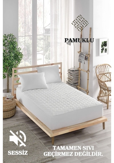 Sessiz Pamuklu Alez Yatak Koruyucu Kapitoneli Fitted Beyaz Tek Kişilik