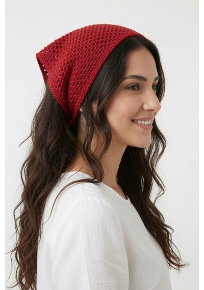 Kadın Kırmızı Örgü Bandana Yazlık Saç Aksesuarı Kırmıızı