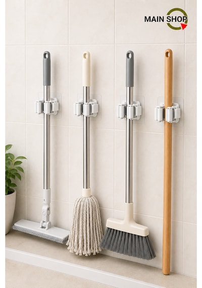 Mainshop 4 Lü Ekonomik Paket Mop Süpürge Tutucu - Yapışkanlı Delmesiz Paspas Askısı M-310 Beyaz