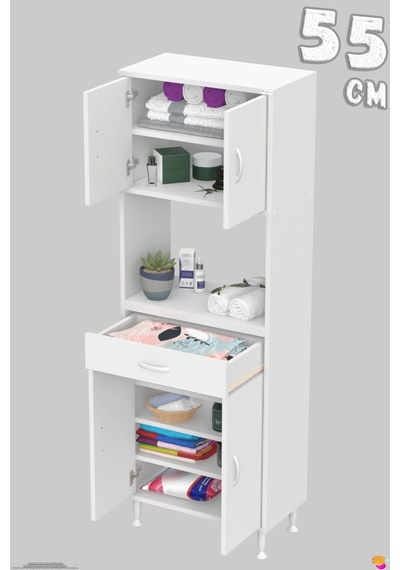Arda 55 Cm 4 Kapaklı 7 Raflı Ve Çekmeceli Çok Amaçlı Banyo Dolabı 55 Cm