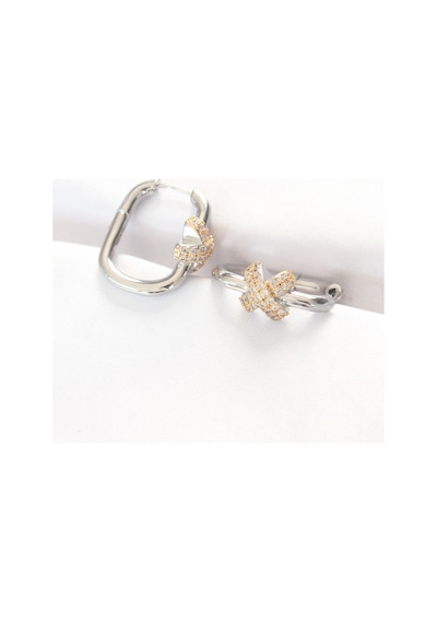 Pirinç Çift Renk Taşlı X Tasarımlı Dikdörtgen Küpe - Ebj240521w24184 Silver