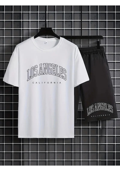 Startmore Erkek Beyaz''los Angeles Baskılı'' Basic Oversize T-shirt- Şort Takım Strup0000000000015 Beyaz