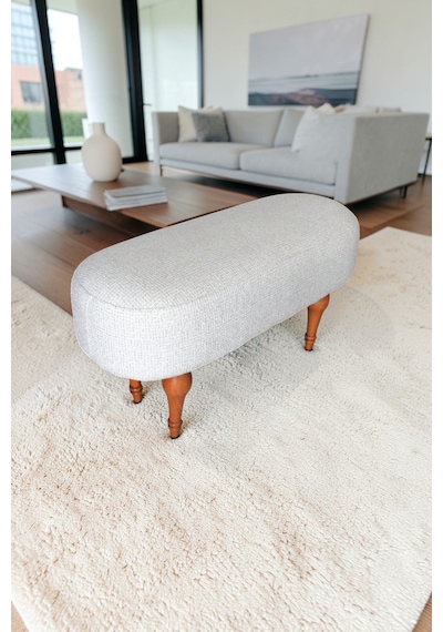 Dikdörtgen Puf Craft Bukle Şönil Kumaş Ahşap Ayaklı Modern Tasarım Krem