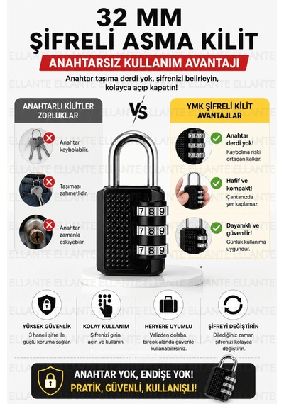 Premium 32 Mm Şifreli Asma Kilit 3 Haneli Kombinasyonlu Anahtarsız Güvenlik Kilidi Valiz Dolap Çanta