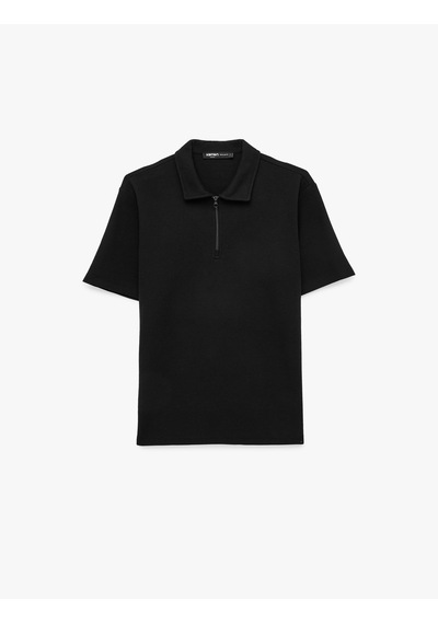 Koton Regular Fit Kısa Kollu Waffle Dokulu Yarım Fermuarlı Polo Yaka Tişört Siyah 6sam10289mk