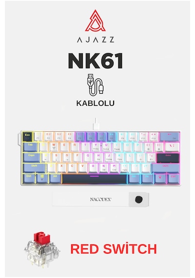 Ajazz Nk61 Red Switch Kablolu Hot-swap Klavye Rainbow Aydınlatma Taşıma Bandı Mavi-beyaz