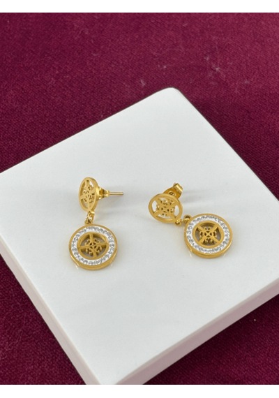 Ortası Çiçekli Ve Küçük Taşlı Sallantılı Gold Küpe Gold