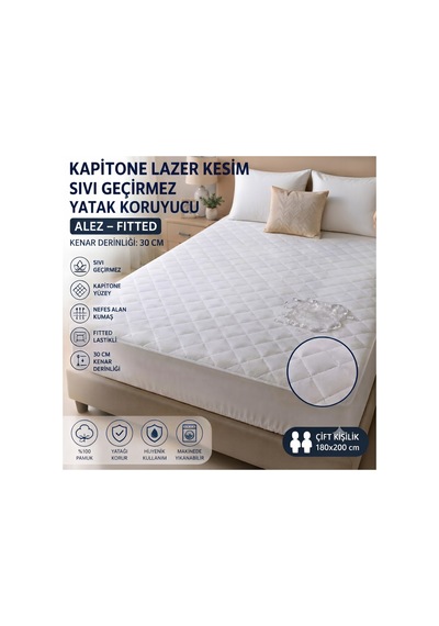 Lazer Kesim Kapitone Sıvı Geçirmez Yatak Alezi Yatak Koruyucu Battal Bot 180x200 Beyaz