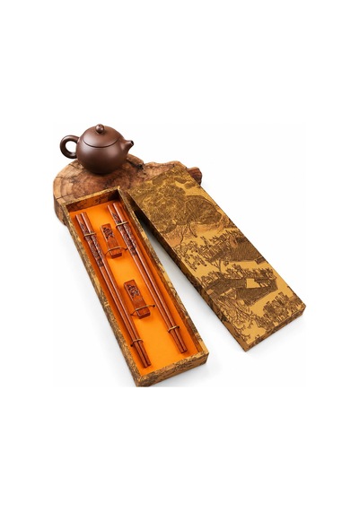 Valkyrie Doğal Ahşap Yemek Çubuğu Seti 2 Çift Ejderha Desenli Çubuk Tutacaklı Kutulu 22,9 Cm Chopstick Seti