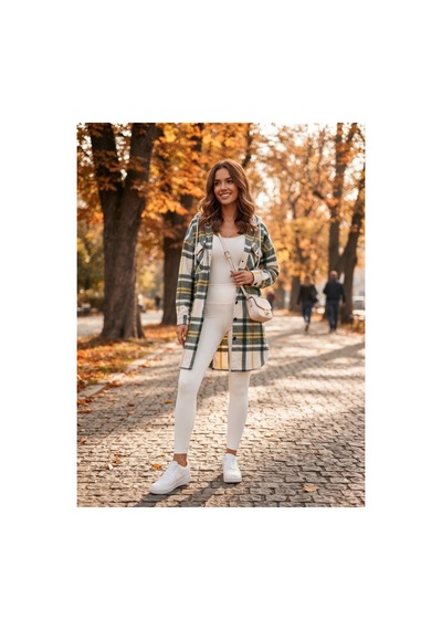 Polologin Butik Kapüşonlu Ekose Desenli Viskon Tunik Yeşil/sarı/krem Yeşil