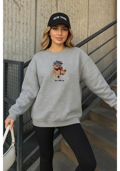 Fashion Friends 25k0244k1 Kadın Nakışlı Oversize Sweatshirt Gri Melanj