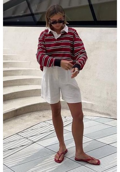 Bordo Çizgili Polo Yaka Kadın Uzun Kollu Tişört Mg2575 Bordo
