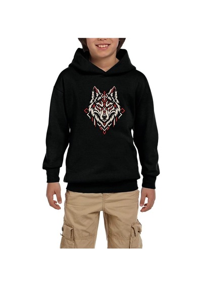 Zepplin Giyim Geometrik Bozkurt Siyah Çocuk Kapşonlu Sweatshirt