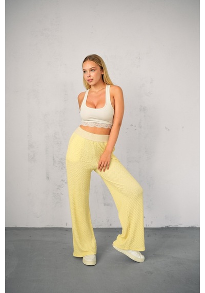 Gugus Kadın Gofre Beli Güpür Lastikli Wide Lege Yazlık Pantolon Sarı