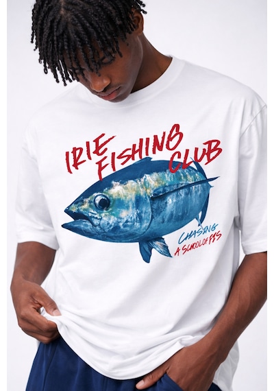 Yolo Street Premium Balık Desenli Oversize Tişört %100 Pamuk Unisex Beyaz
