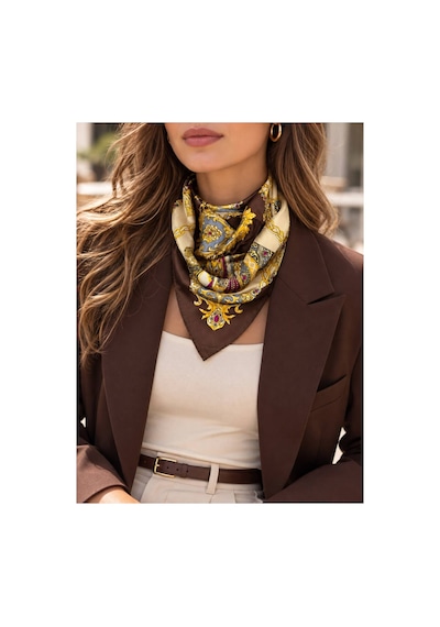 Inno 70x70 Cm Premium Saten Kahverengi Desenli Fular