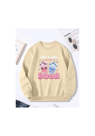 Herkesemoda Boba Baskı Detaylı Bisiklet Yaka İçi Polarlı Sweatshirt Bej