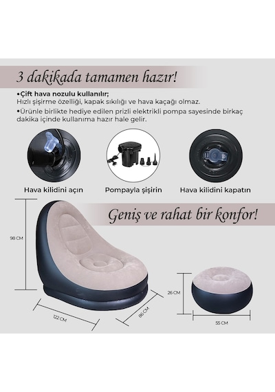 Şişme Koltuk Ve Ayak Uzatma Pufu Ev, Kamp, Ofis Kullanımı İçin, Pompa Hediyeli, Taşınabilir Bej - Siyah