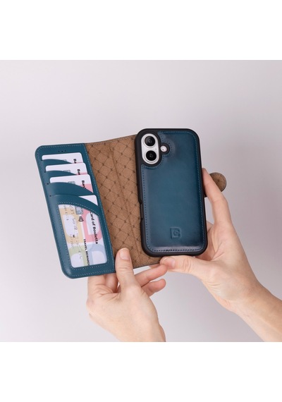Bouletta Apple İphone 16 Uyumlu, Hakiki Deri, El Yapımı, Cüzdanlı Kılıf, Gölgeli Mavi