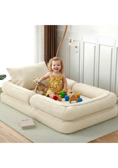 Trend Fitilli Kadife Modüler Çocuk Oyun Minderi Ve Yatağı Tamamen Sünger 90 x 190 CM Krem