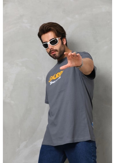 Novalisse Erkek Kısa Kol Yazlık Tişört Bisiklet Yaka Baskılı Oversize T-shirt - Füme Çoklu Renk