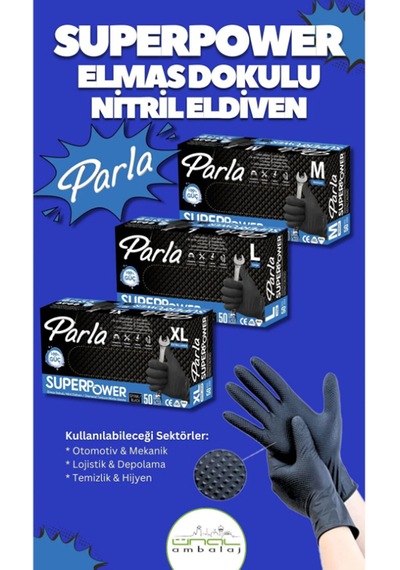 Parla Süperpower Çok Amaçlı Nitril Pudrasız Siyah Eldiven 50li Paket