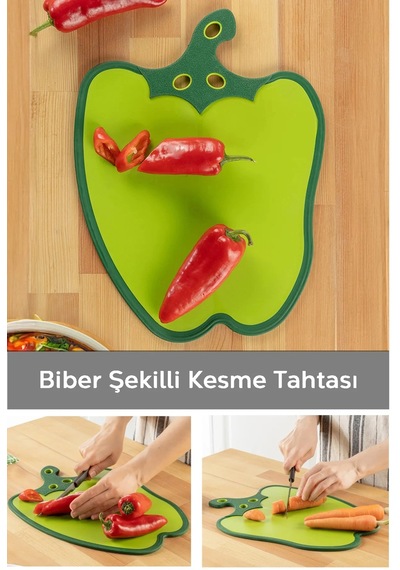 Dolma Biber Figürlü Kaydırmaz Kesme Tahtası Doğrama Panosu Ahşap - Şeffaf