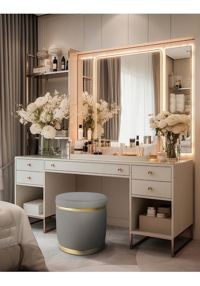 Zerafet Gold Kaplama Luxery Puf- Gri Babyface Kumaş Pofuduk Oturma Pufu&makyaj Pufu&bench