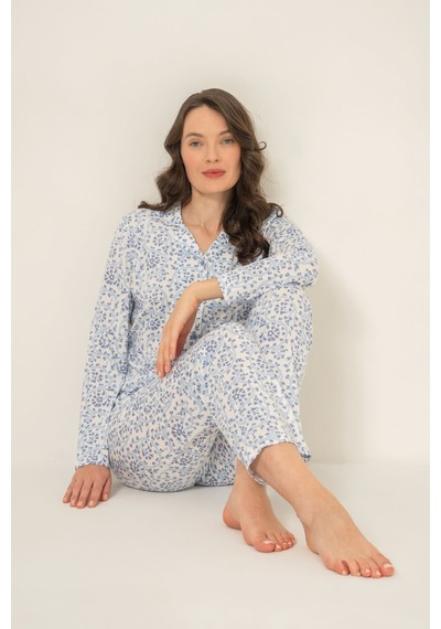 Pierre Cardin Kadın Flowers Mavi Gömlek Pijama Takımı Pc9271-s-v1 Pc9271-s-v1