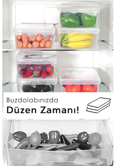 6 Adet Kapaklı Dolap İçi Buzdolabı Düzenleyici - Meyve Sebze Saklama Kabı Buzdolabı Organizer 6 Lt Şeffaf