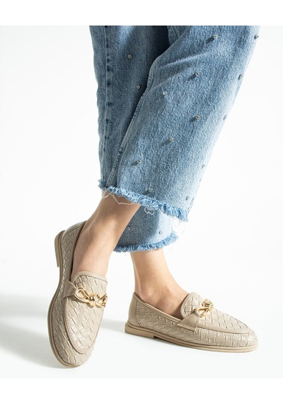 Lebibe Shoes Maby Kadın Bej Örgü Dokulu Zincir Detaylı Loafer Düz Ayakkabı Babet