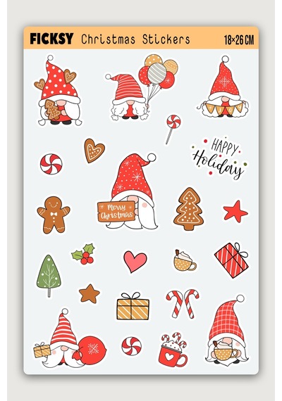 Sevimli Yılbaşı Cücesi Yeni Yıl Temalı Sticker Seti - 23 Adet Etiket Çıkartma Diğer