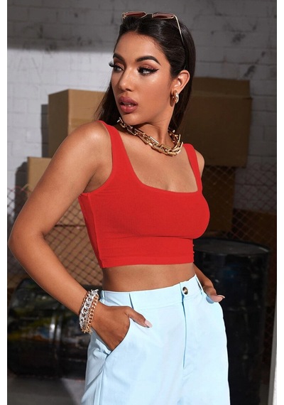 Kadın Kırmızı Kalın Askılı Crop Top Büstiyer