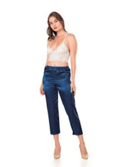 Moongirl Kadın Saten Pijama Takımı Dantel Büstiyetli Lacivert
