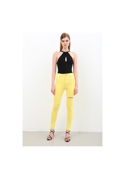 Kadın Yırtık Detaylı Jean Pantolon Sarı 001