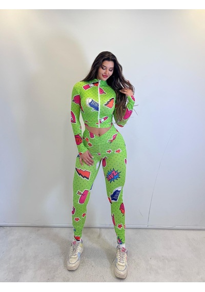 Pink Life Yeşil Desenli Taytlı Büstiyerli Üçlü Takım Yeşil