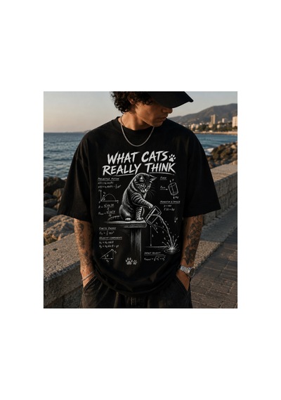 Qmen Style Unisex Siyah Oversize Baskılı T-shirt Uzman Kedi R %100 Pamuk