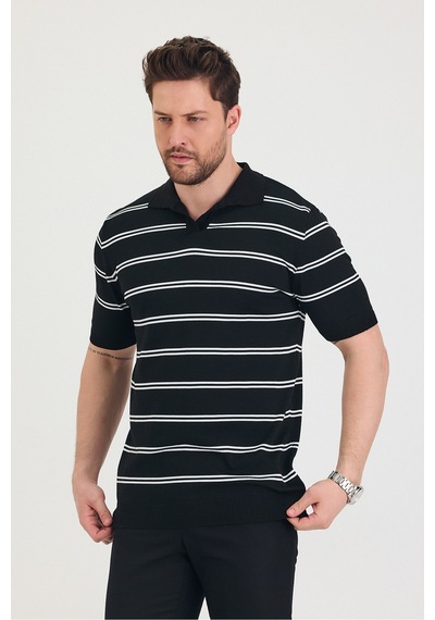 Cool Tarz Erkek Polo Yaka Beyaz Çift Çizgi Detaylı Siyah Triko T-shirt Siyah Siyah