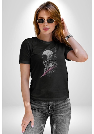Astronot Kafası Unisex Unisex Siyah Organik Baskılı T-shirt Penye Yüksek Kalite Siyah