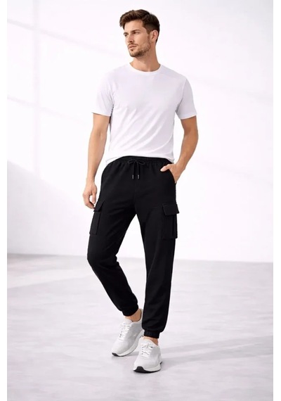 Erkek Jogger Eşofman Altı Regular Fit , Kargo Cepli, Lastikli Paça, Günlük Spor Pantolon - Siyah