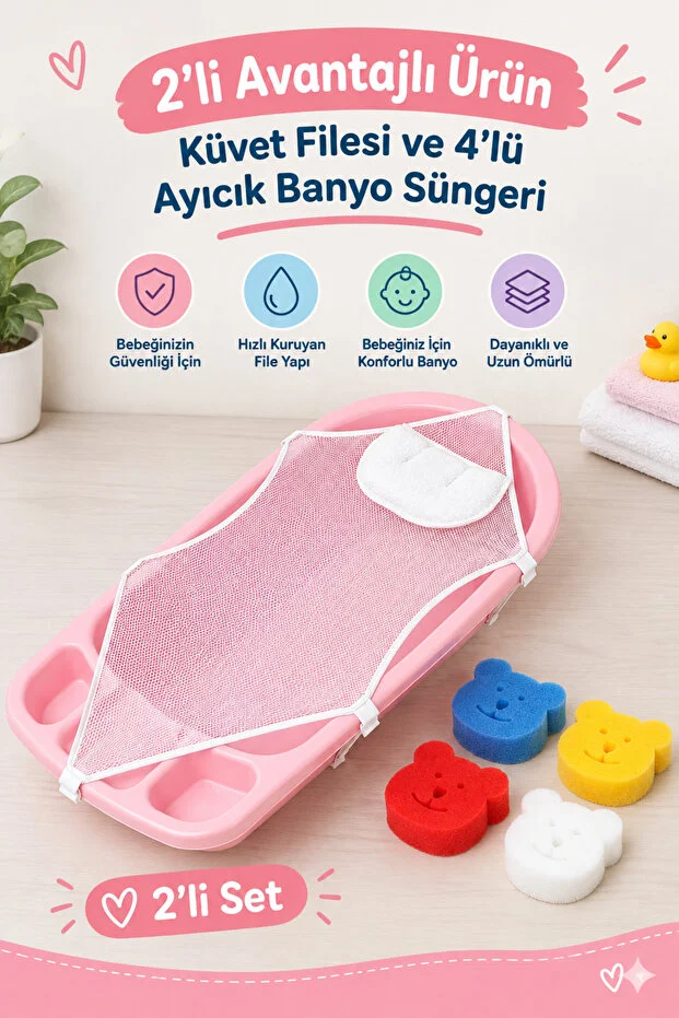 2 Li Bebek Küvet Filesi Ve Banyo Süngeri Seti