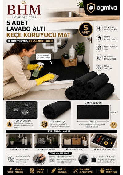 5'li Lavabo Altı Keçe Koruyucu Mat Su Emici Dolap Içi Örtü Kesilebilir Mutfak Ve Banyo Dolabı Matı 100x50cm Siyah