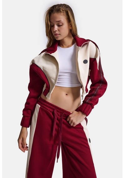 Kadın Bordo Bej W6-35 Crop Sweatshirt Eşofman Pantolon 2'li Tasarım Takım