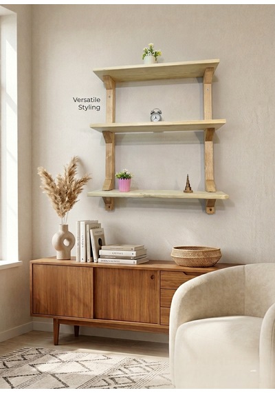 Modern 3 Katlı Ahşap Duvar Rafı Dekoratif Masif Ahşap Kitaplık Ve Duvar Rafı Bej